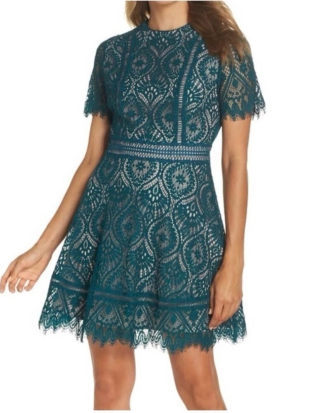 BB Dakota Teal Lace A-Line Mini Dress